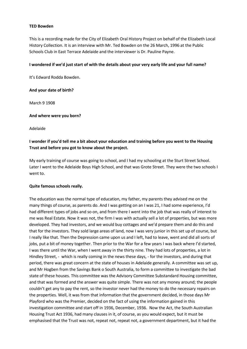 Ted Bowden Oral History Recording