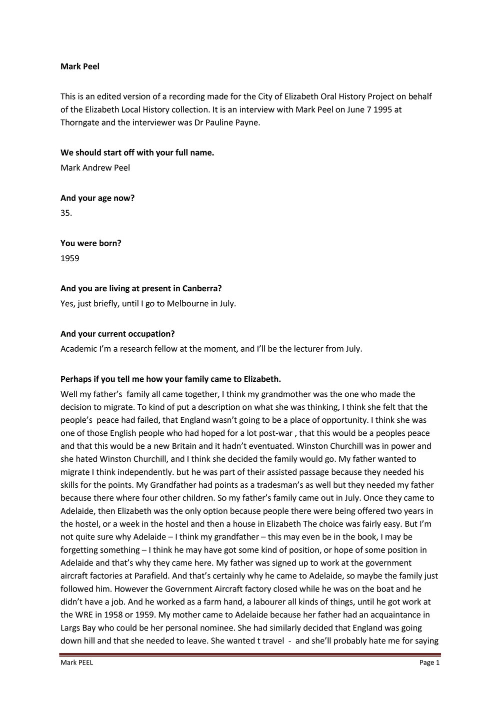 Mark Peel Oral History Recording