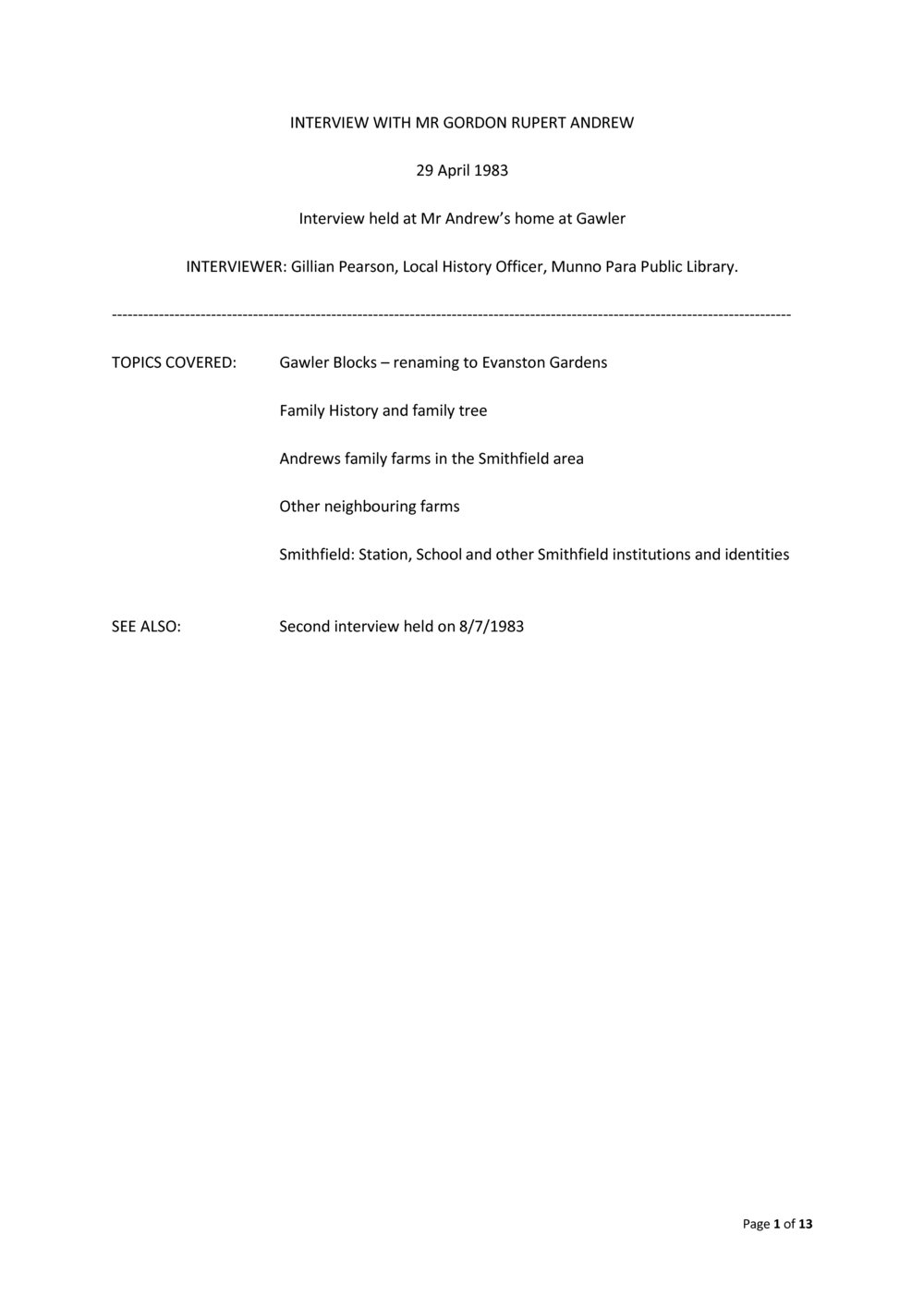 Gordon Andrews Oral History interview recording