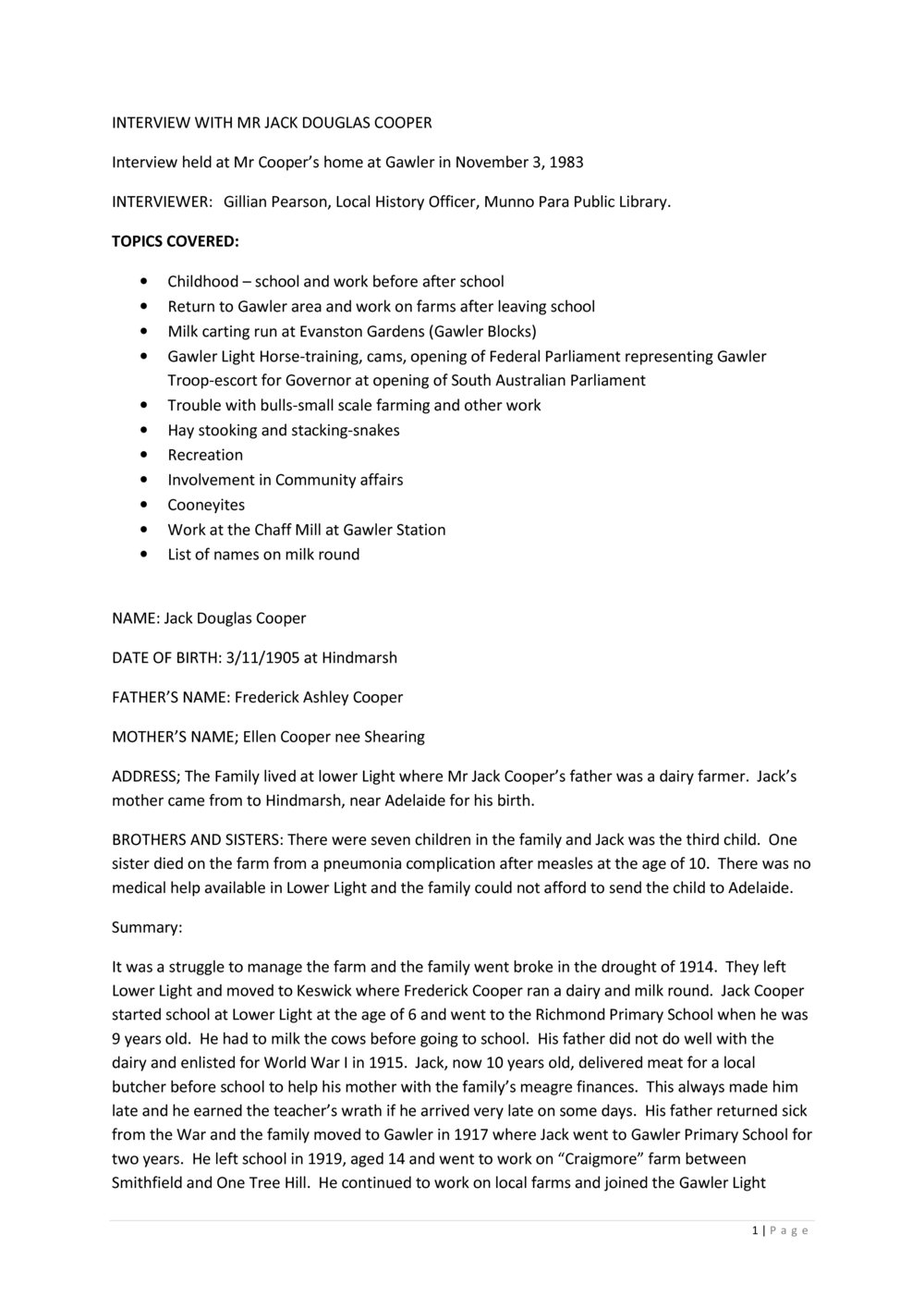 Jack Cooper Oral History recording