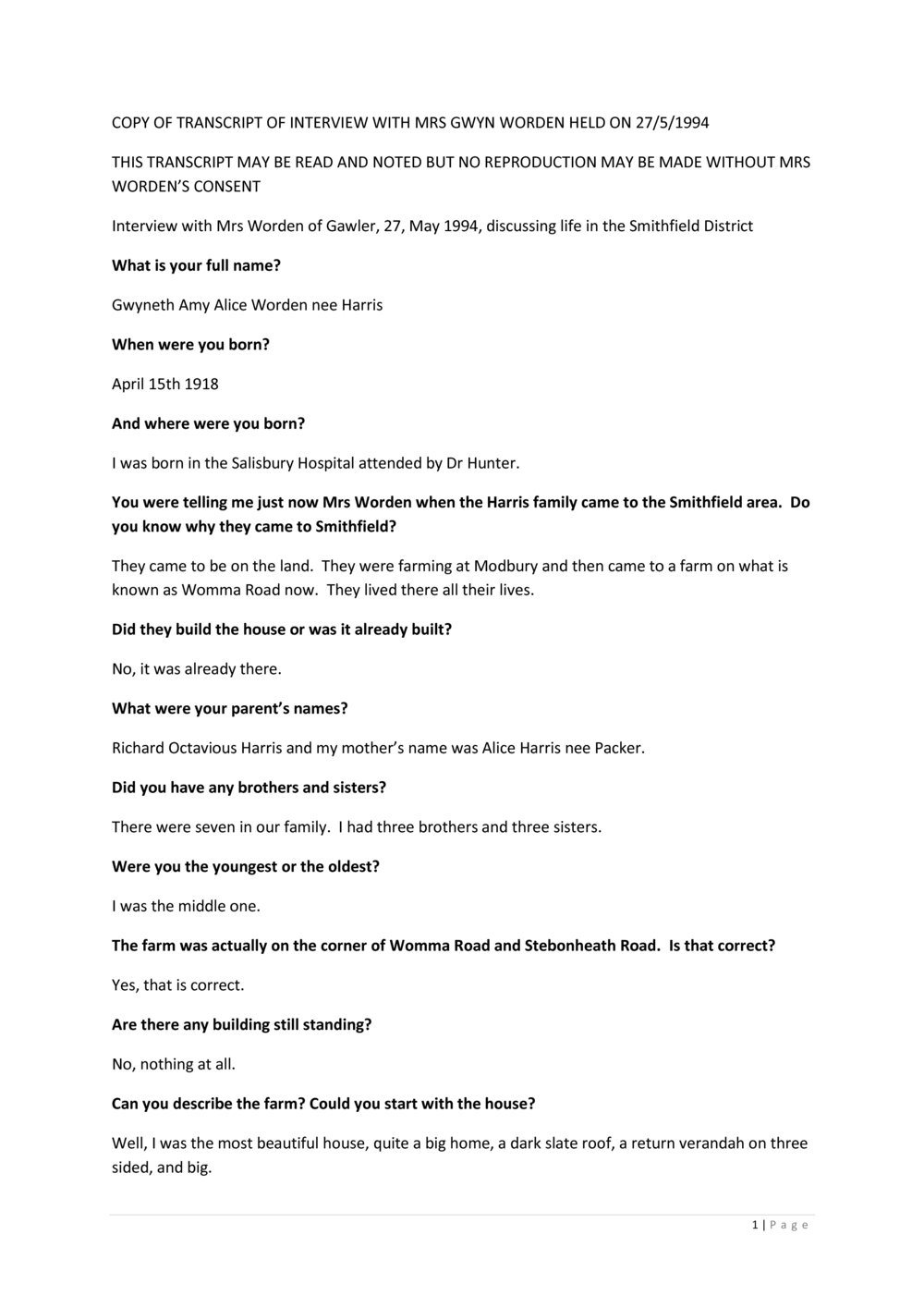 Gwyn Worden Oral History recording