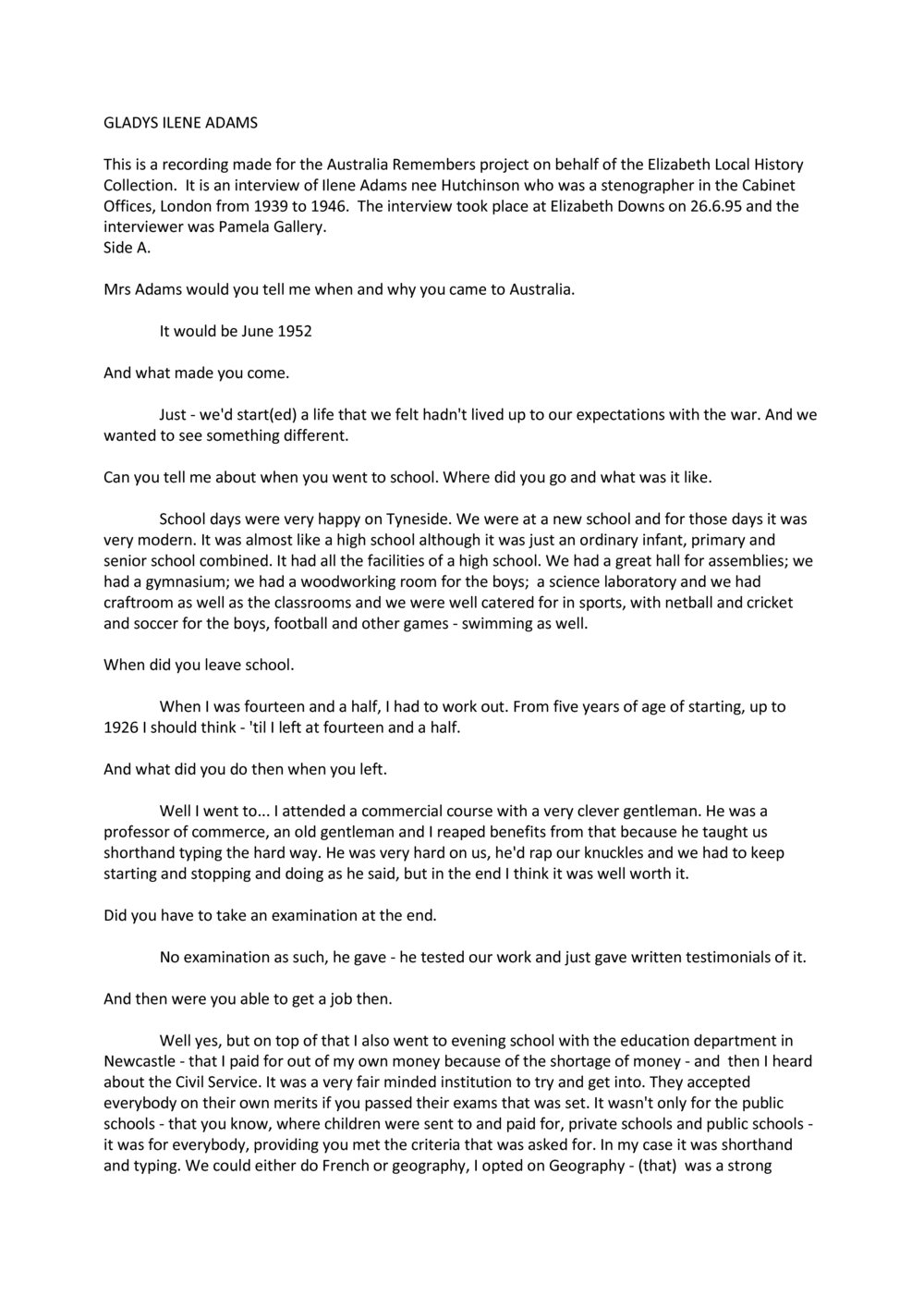 Gladys Ilene Adams Oral History recording