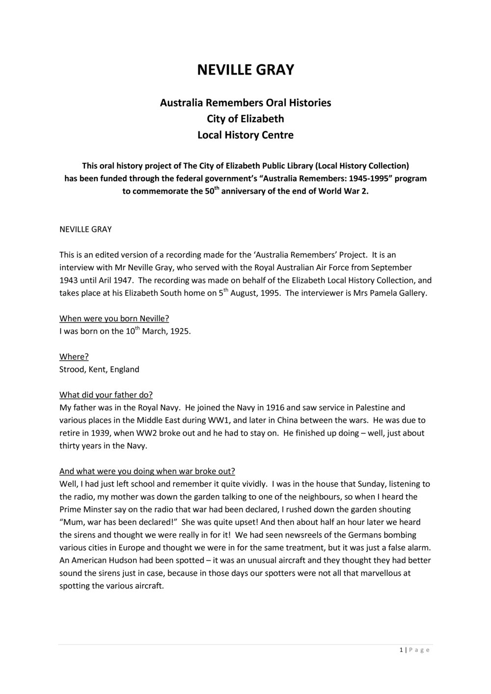 Neville Gray Oral History recording