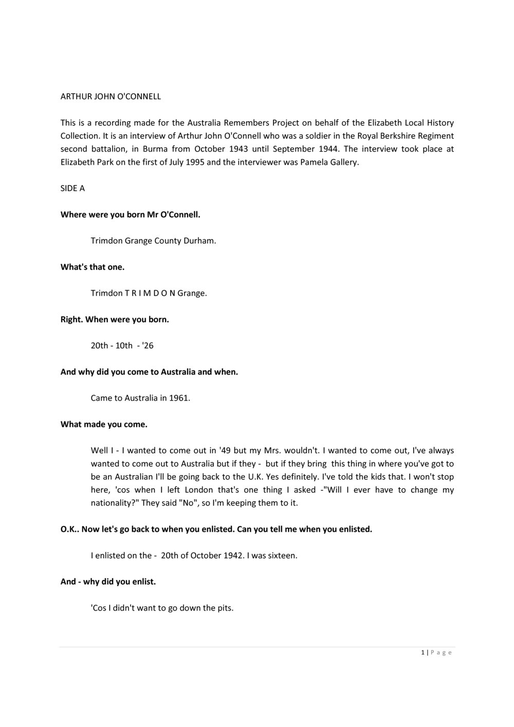 Arthur John O'Connell Oral History recording