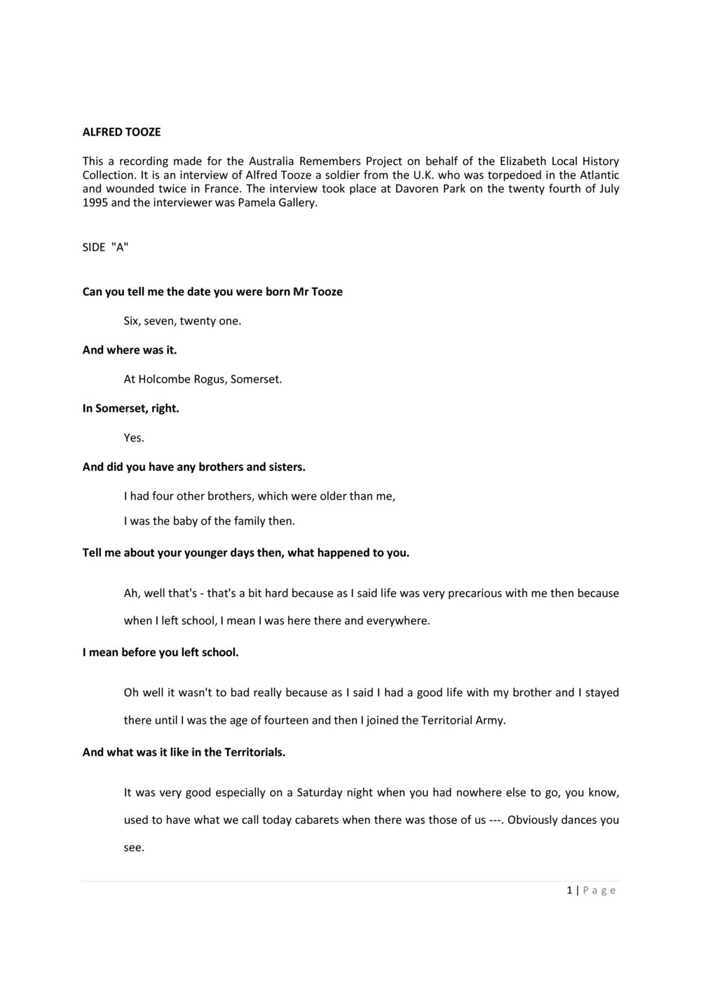 Alfred Tooze Oral History recording