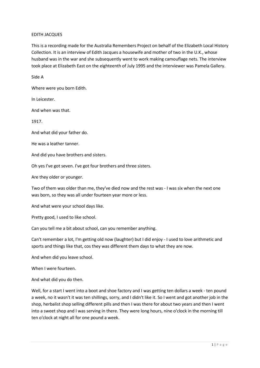 Edith Jacques Oral History recording