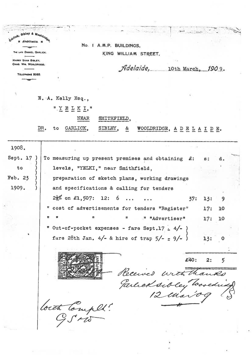 Invoice to E.A Kelly for Yelki