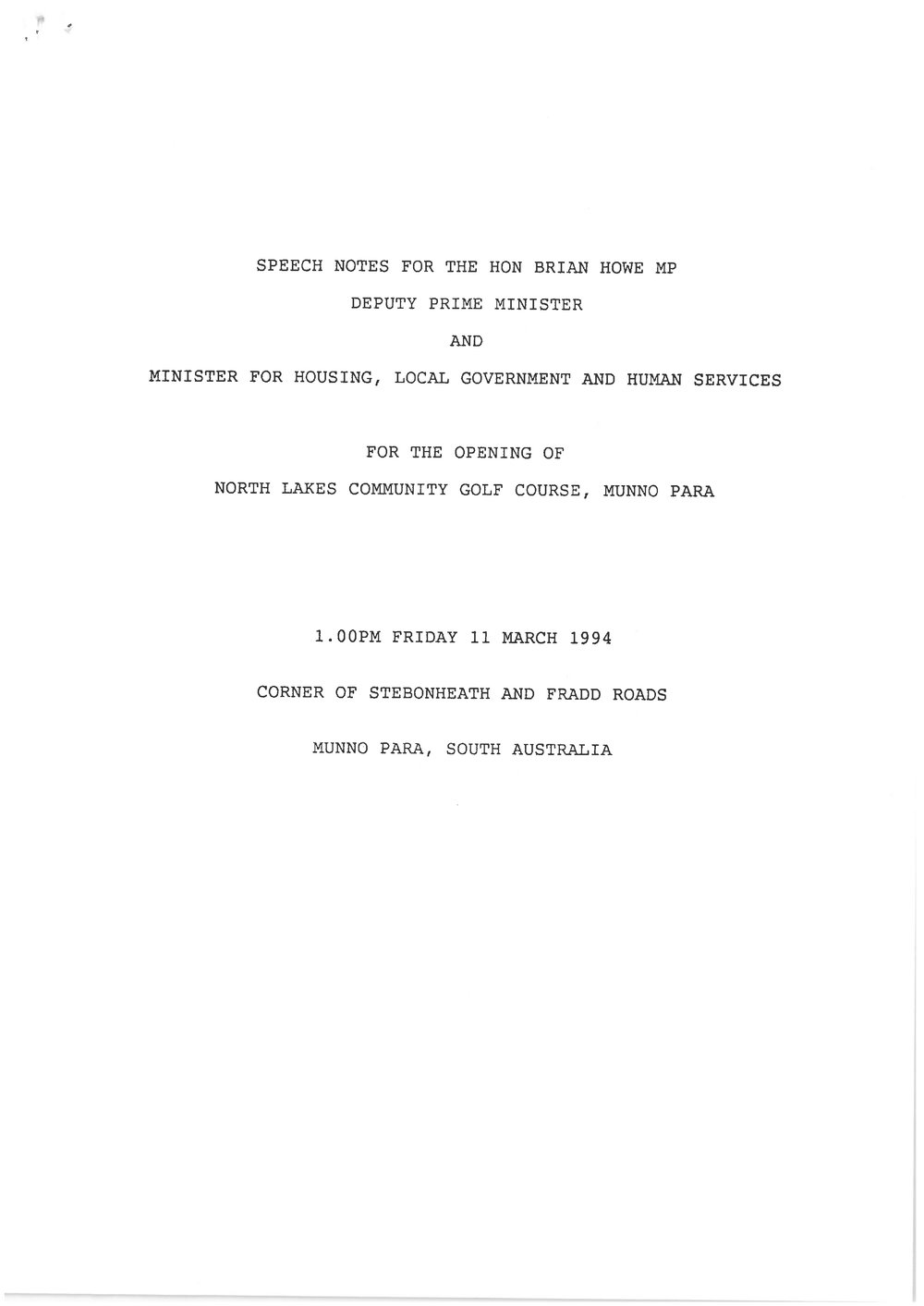 North Lakes Golf Course Opening Speech