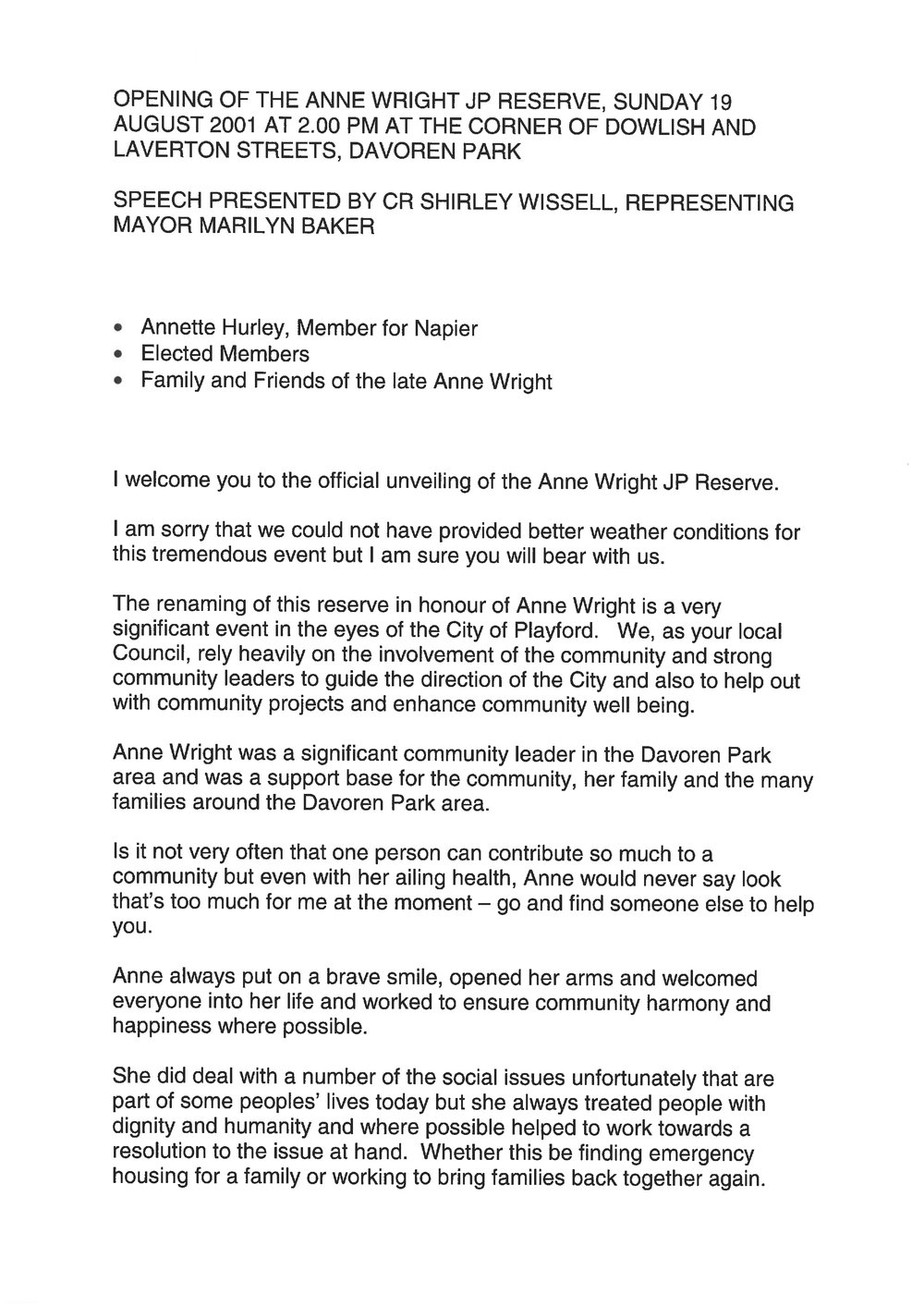 Anne Wright Reserve Opening