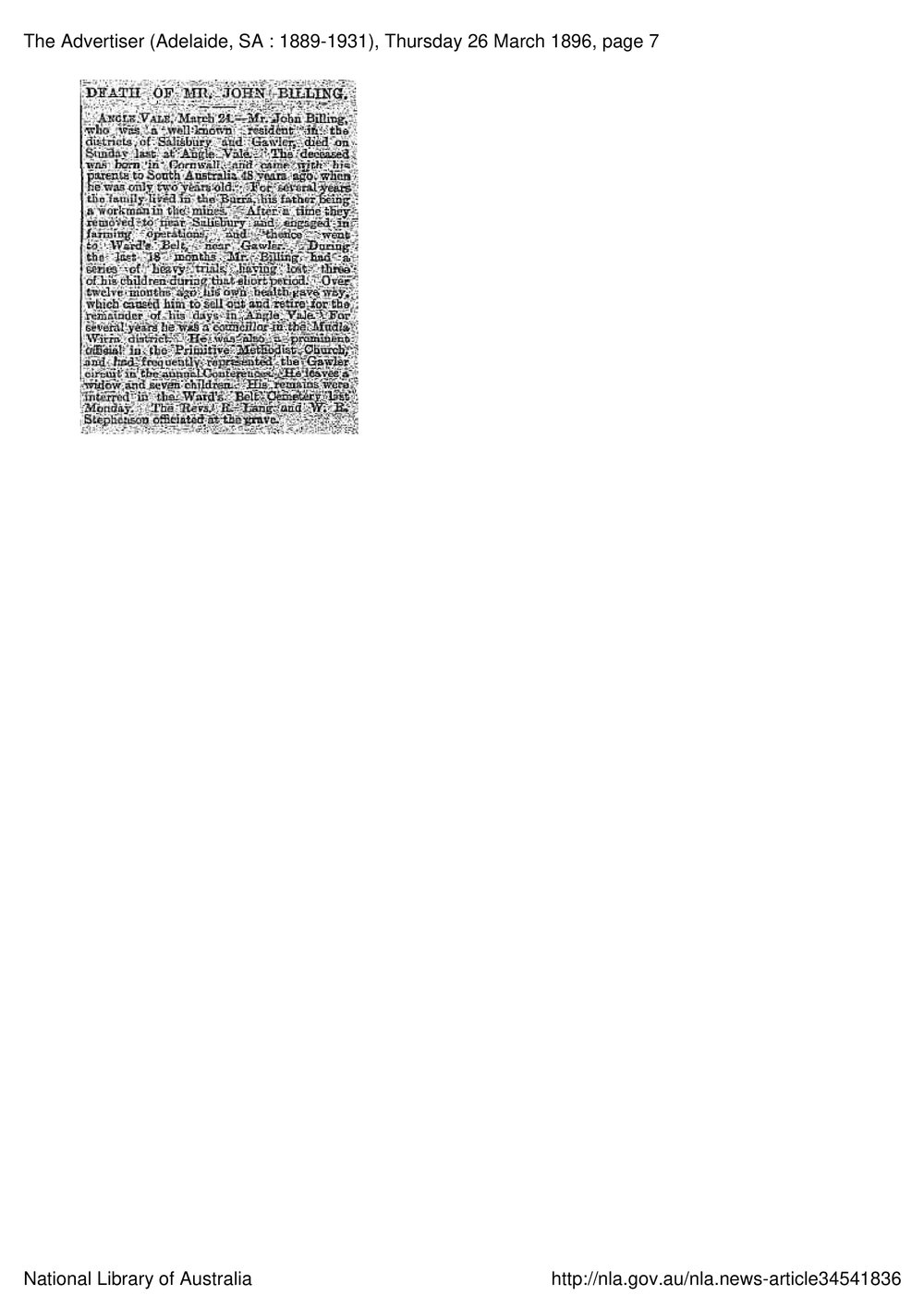 John Billing of Angle Vale