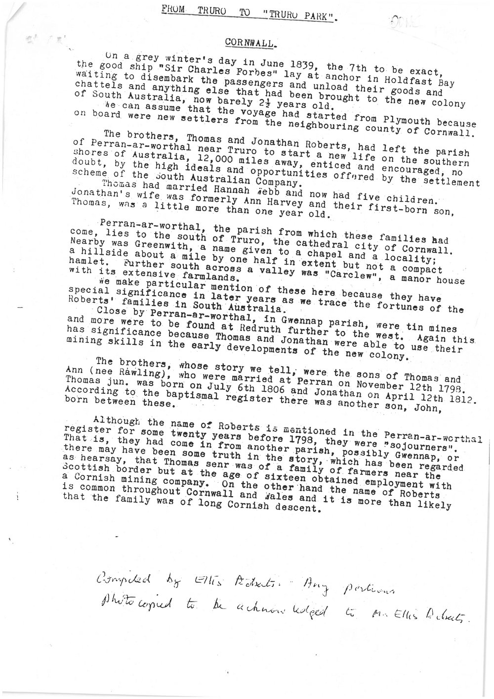 From Truro to Truro Park, Roberts Family History