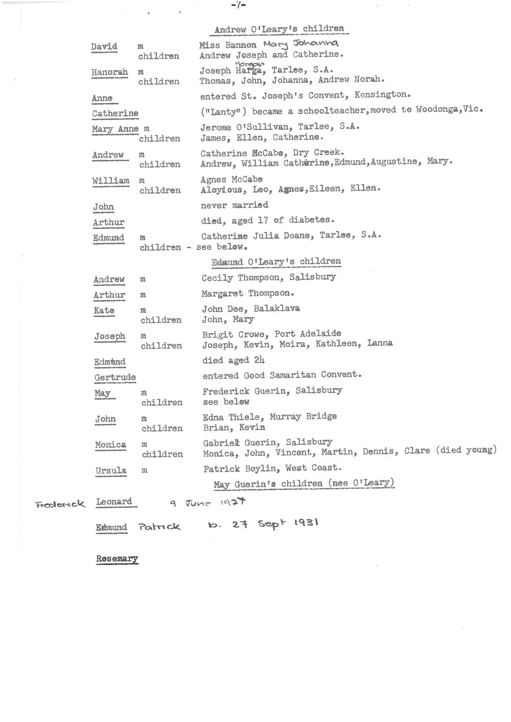 Children of Andrew O'Leary