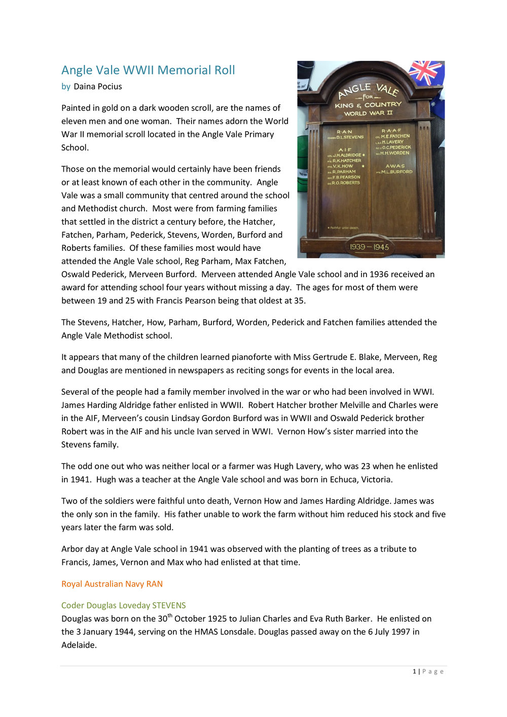 Angle Vale WWII Memorial Roll