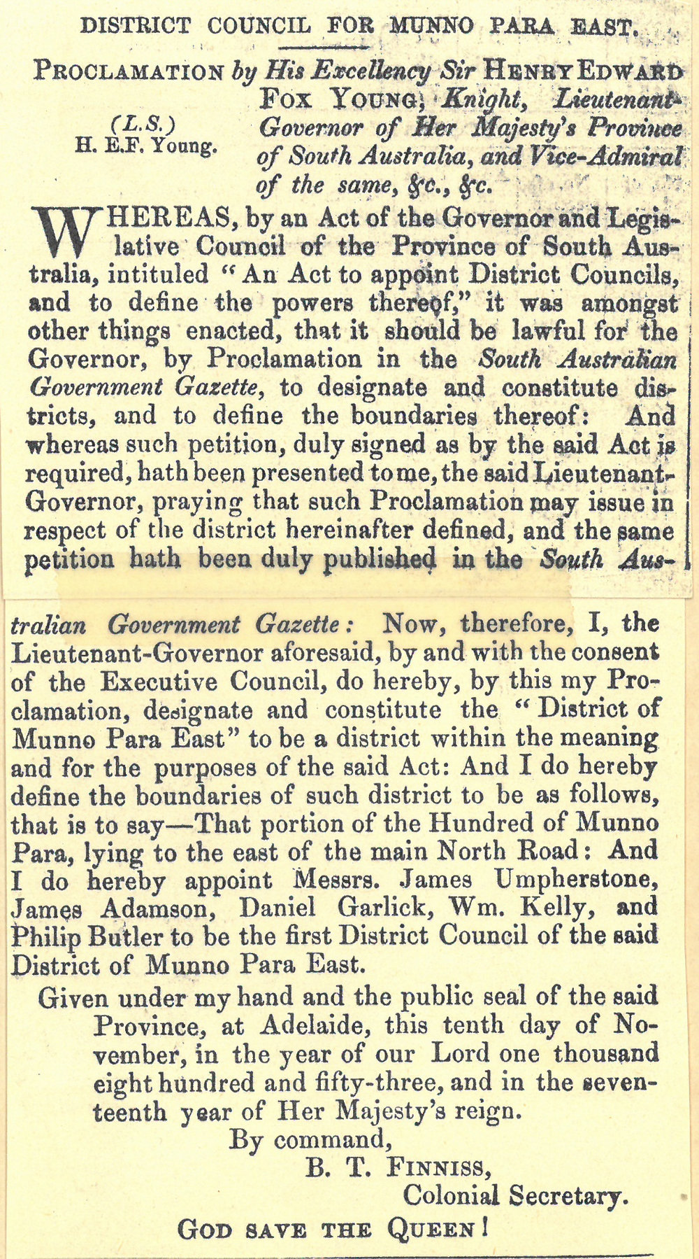 Proclamation of the District Council of Munno Para East