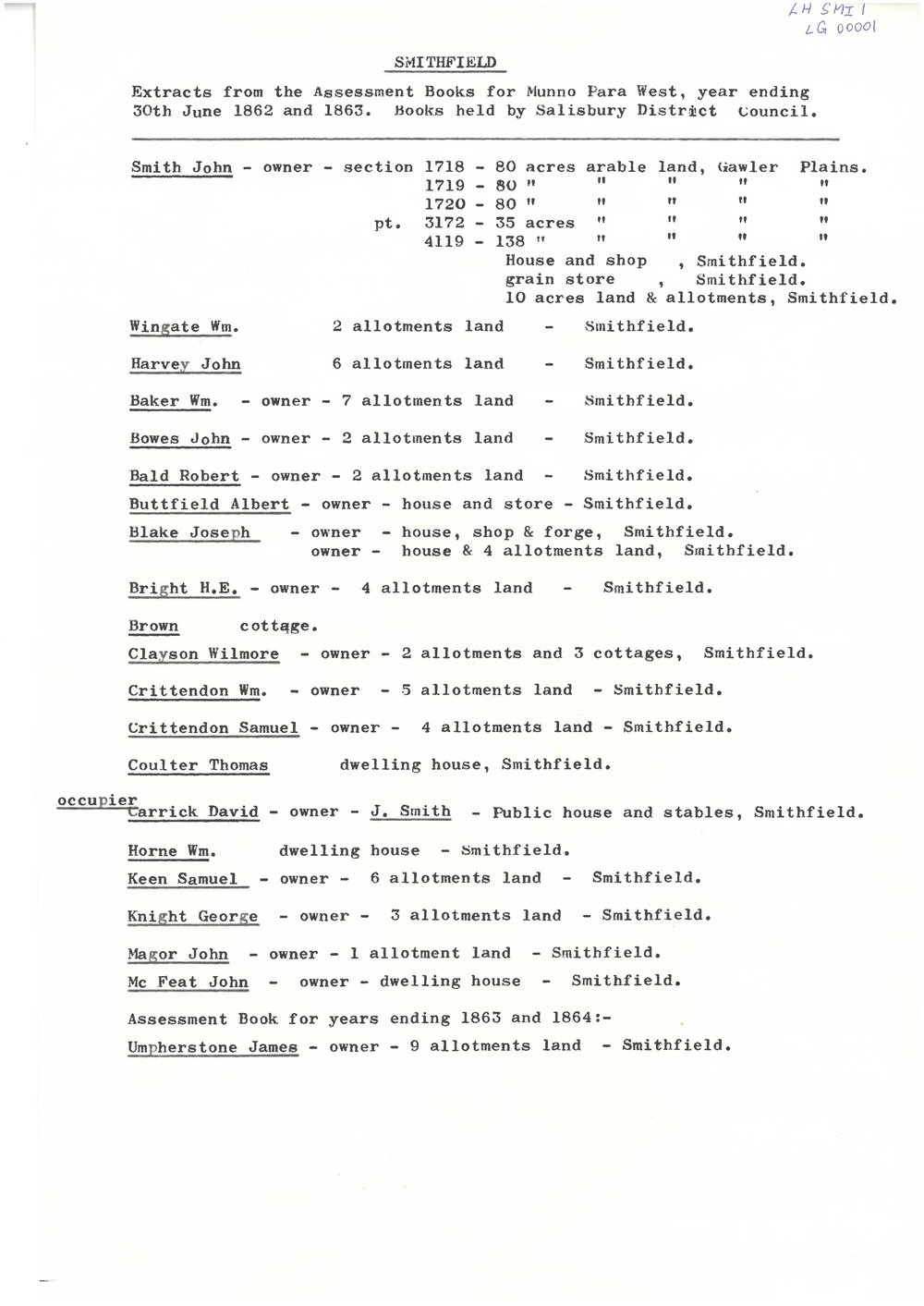 Extracts of Smithfield Land Allotments