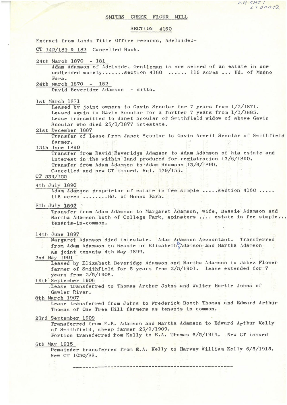 Smiths Creek Flour Mill Land Record