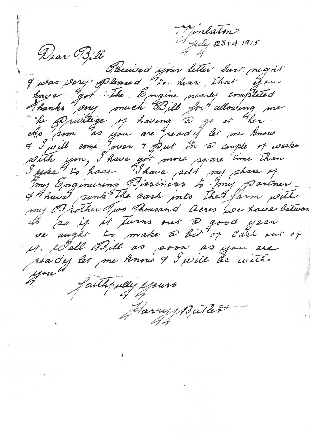 Letter to Bill Wittber from Harry Butler