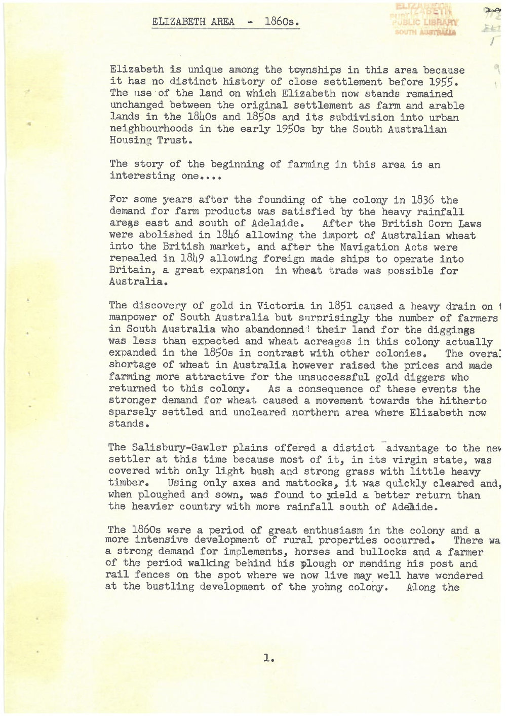 Elizabeth Area - 1860's