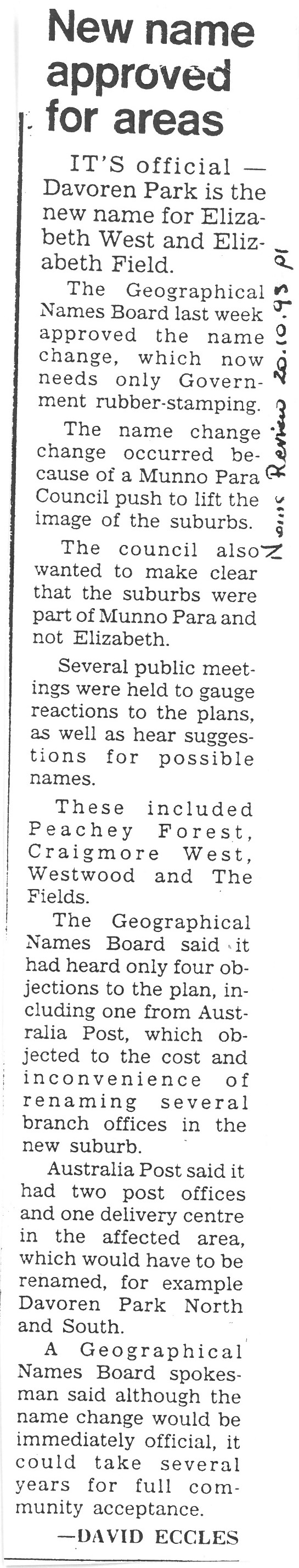 Naming of Davoren Park