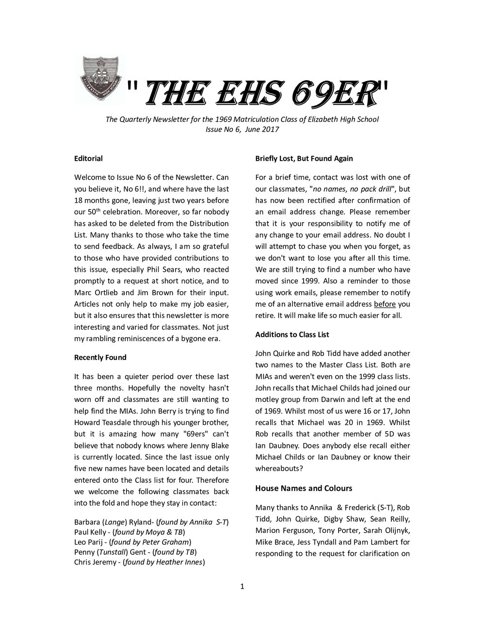 Matriculation Class of Elizabeth High School from 1969 Newsletter No.6