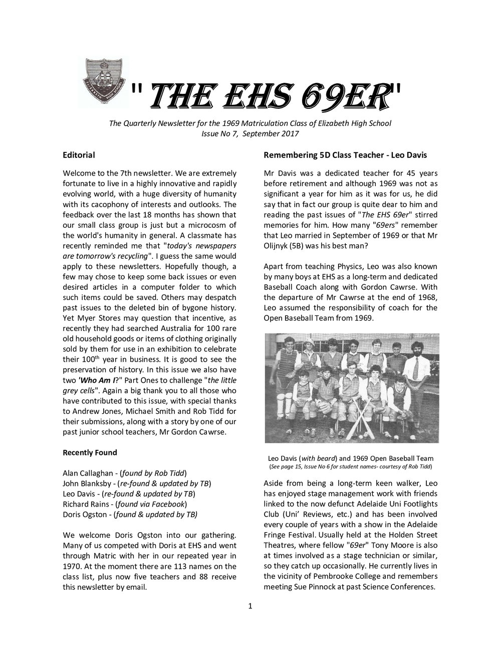 Matriculation Class of Elizabeth High School from 1969 Newsletter No.7