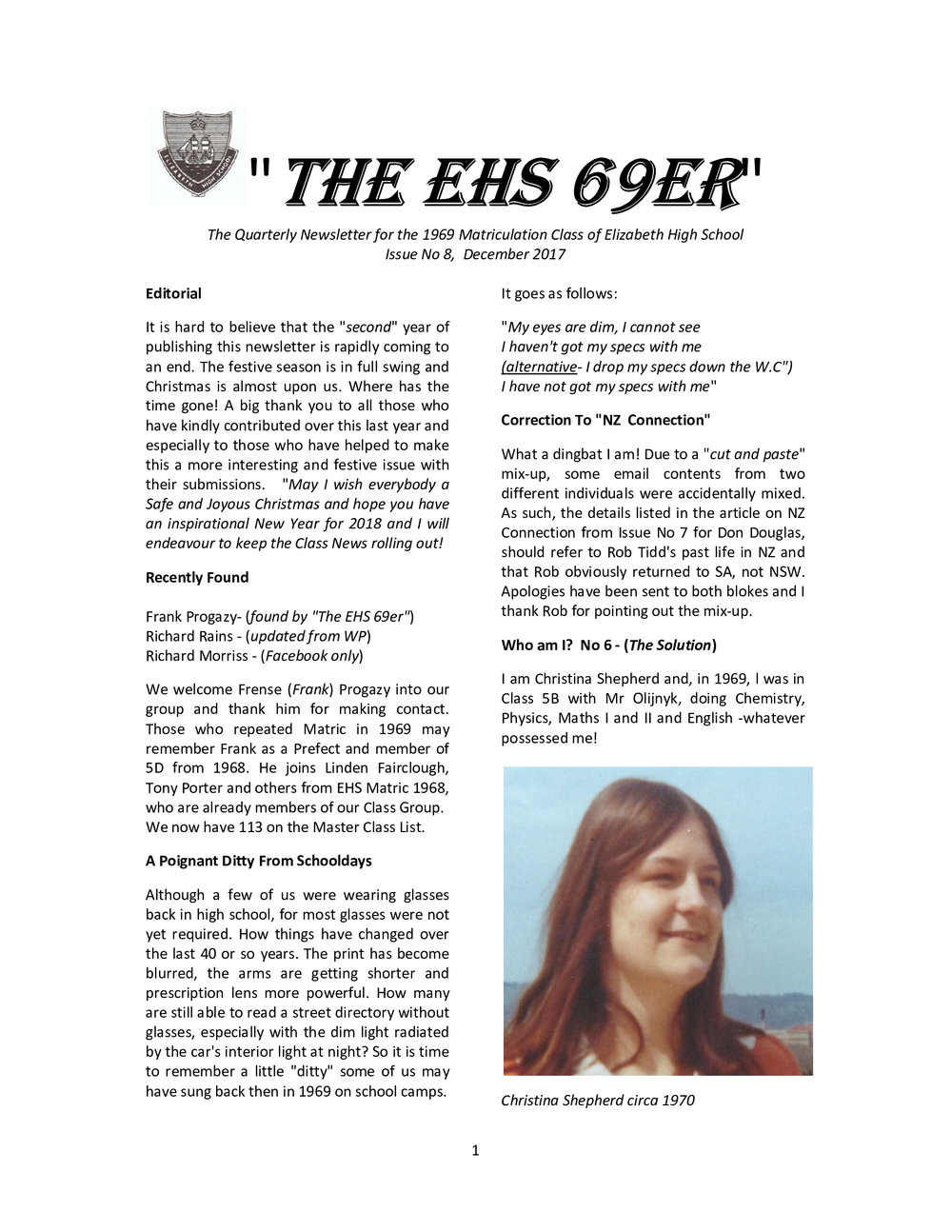 Matriculation Class of Elizabeth High School from 1969 Newsletter No.8