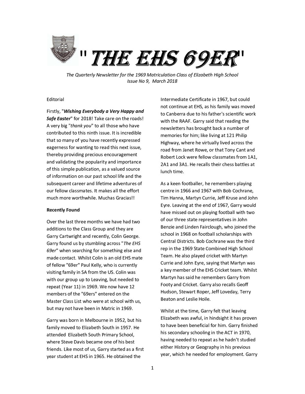 Matriculation Class of Elizabeth High School from 1969 Newsletter No.9