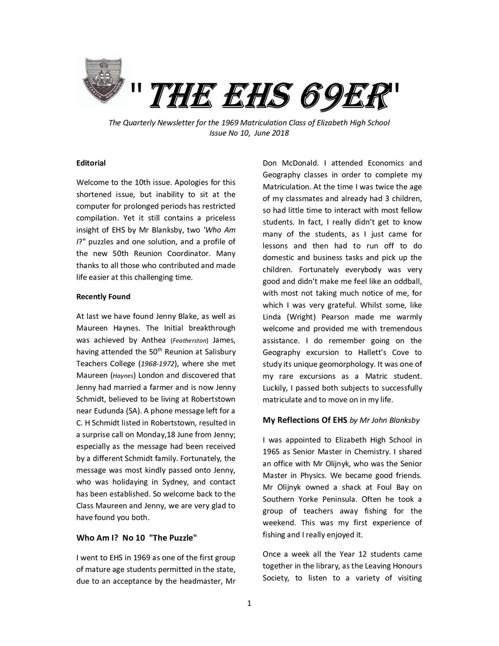 Matriculation Class of Elizabeth High School from 1969 Newsletter No.10