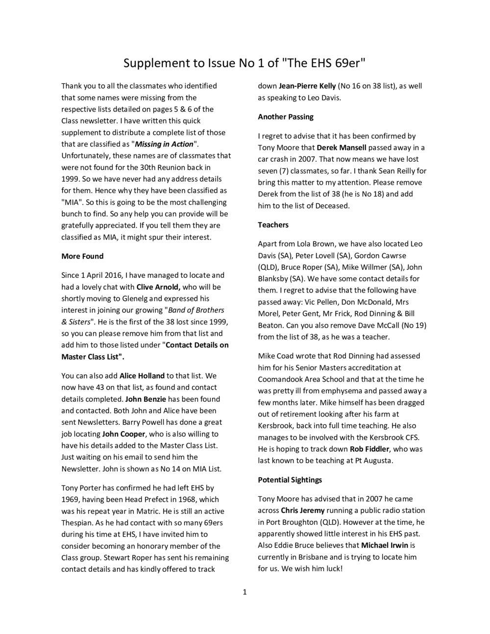 Matriculation Class of Elizabeth High School from 1969 Newsletter No.1 Supplement