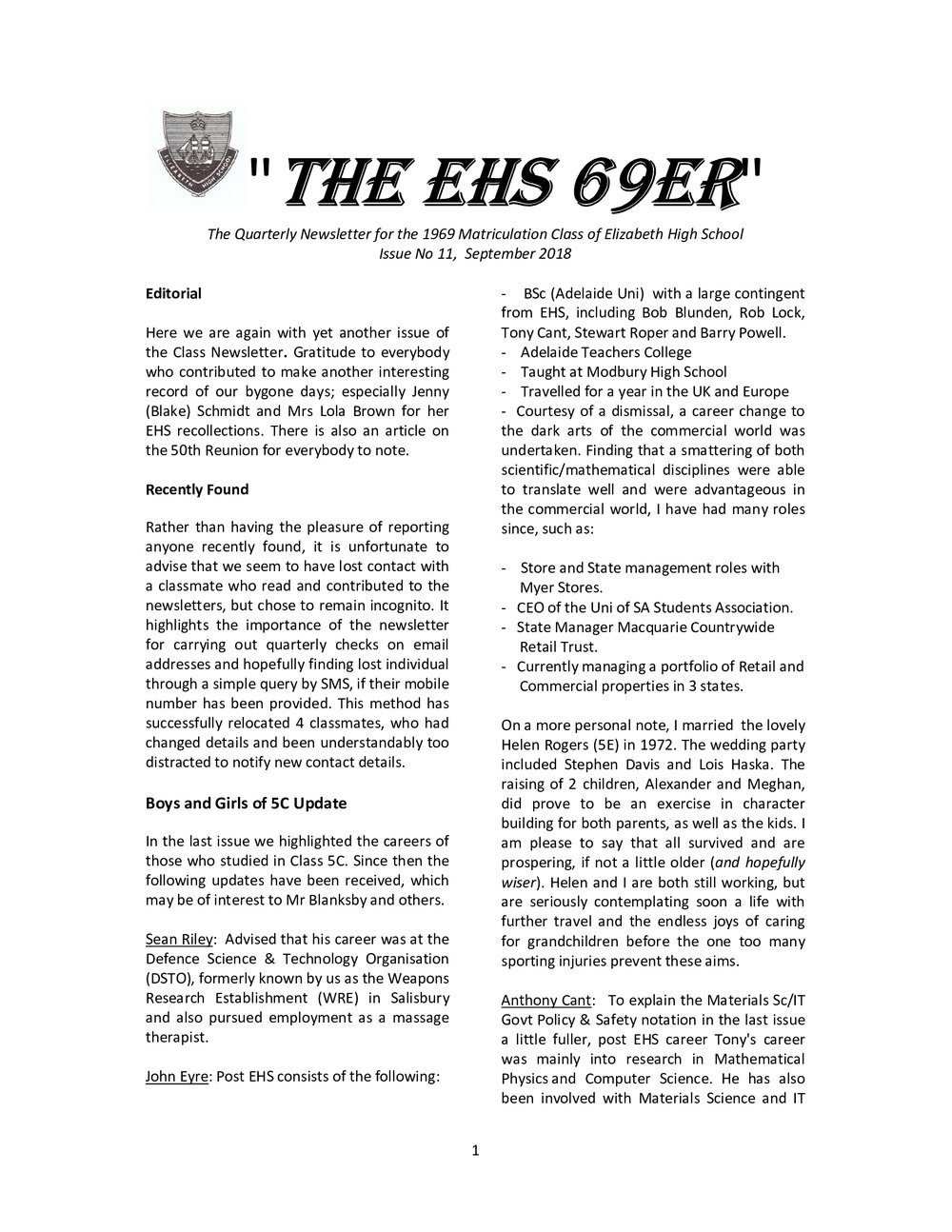 Matriculation Class of Elizabeth High School from 1969 Newsletter No.11