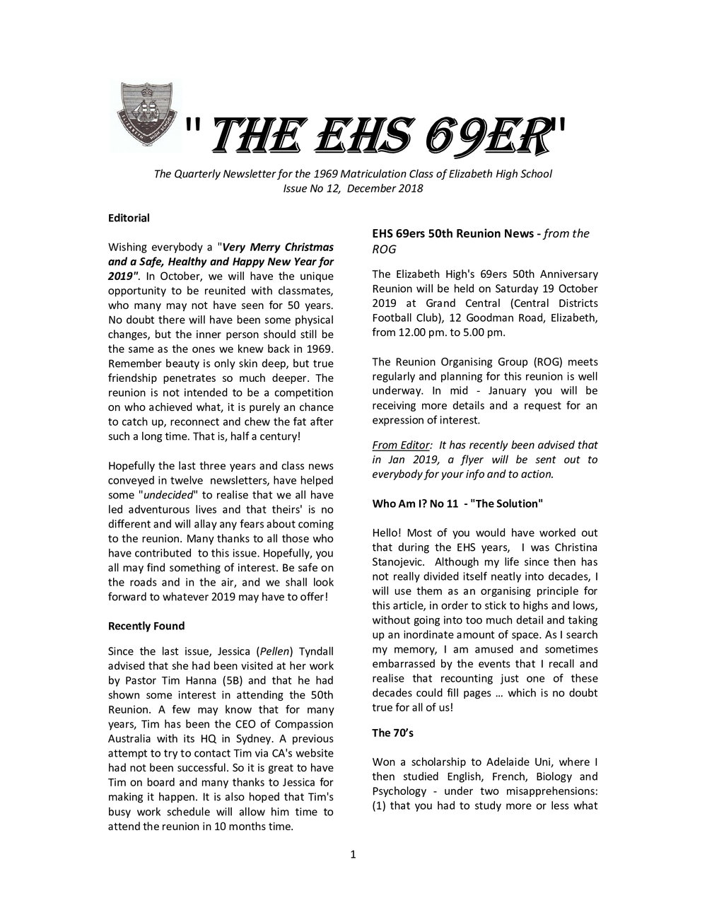 Matriculation Class of Elizabeth High School from 1969 Newsletter No.12