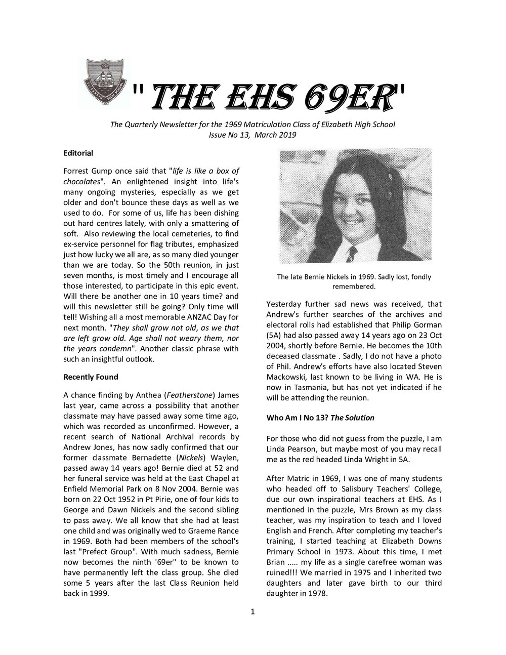 Matriculation Class of Elizabeth High School from 1969 Newsletter No.13