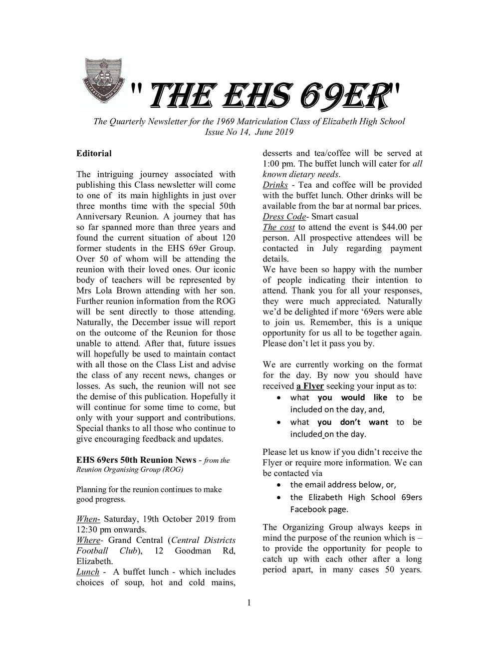 Matriculation Class of Elizabeth High School from 1969 Newsletter No.14