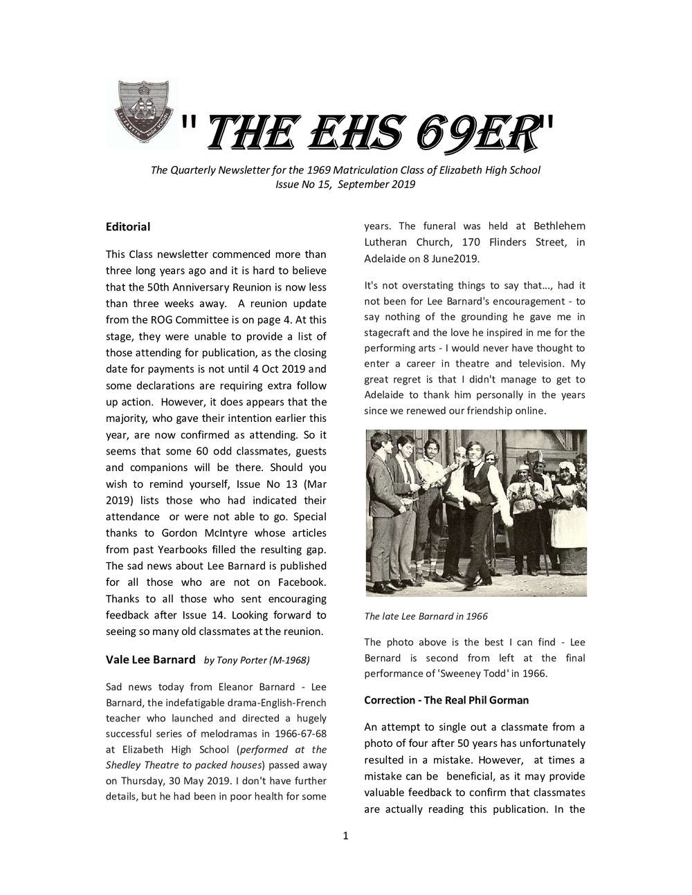 Matriculation Class of Elizabeth High School from 1969 Newsletter No.15