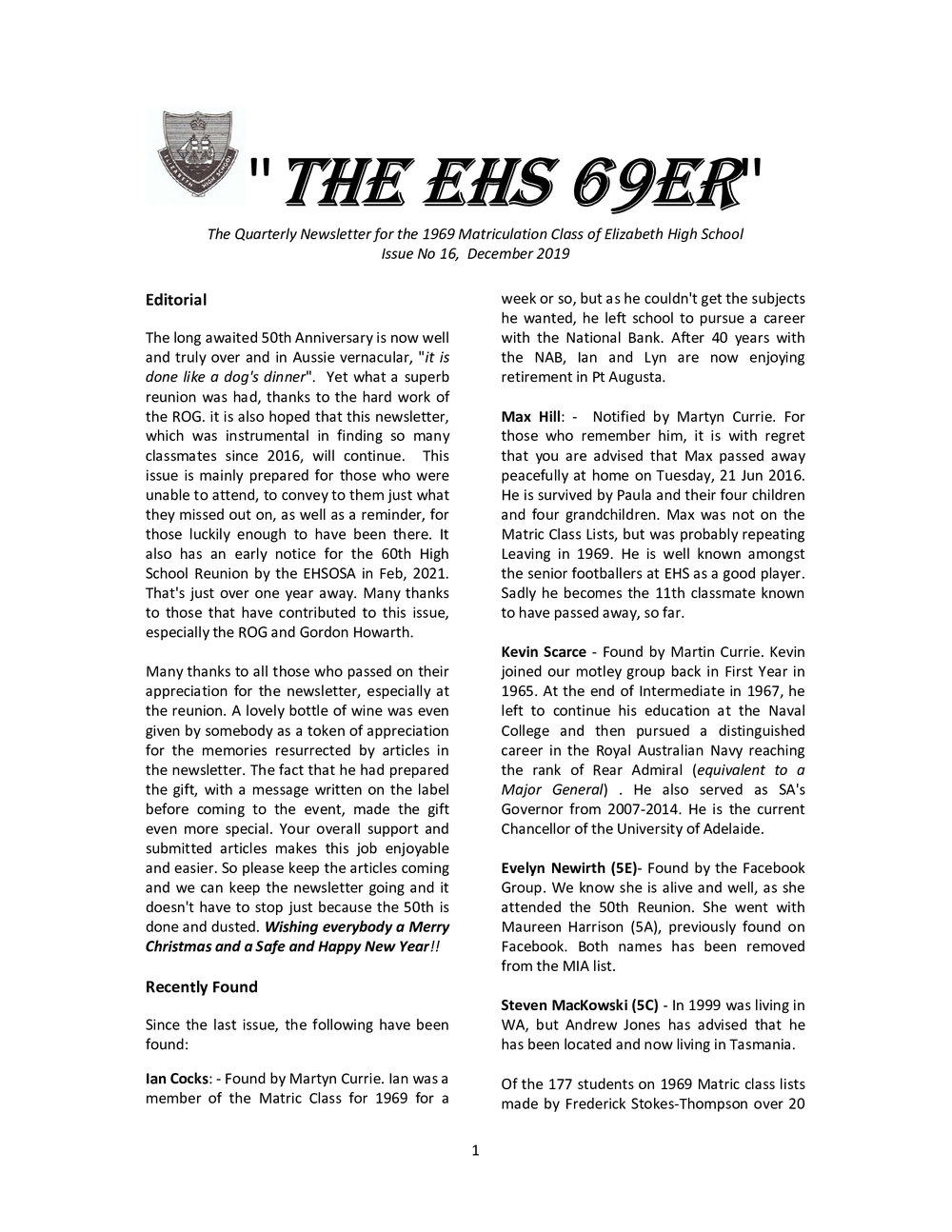 Matriculation Class of Elizabeth High School from 1969 Newsletter No.16