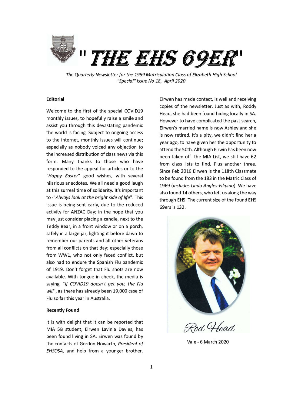 Matriculation Class of Elizabeth High School from 1969 Newsletter No.18