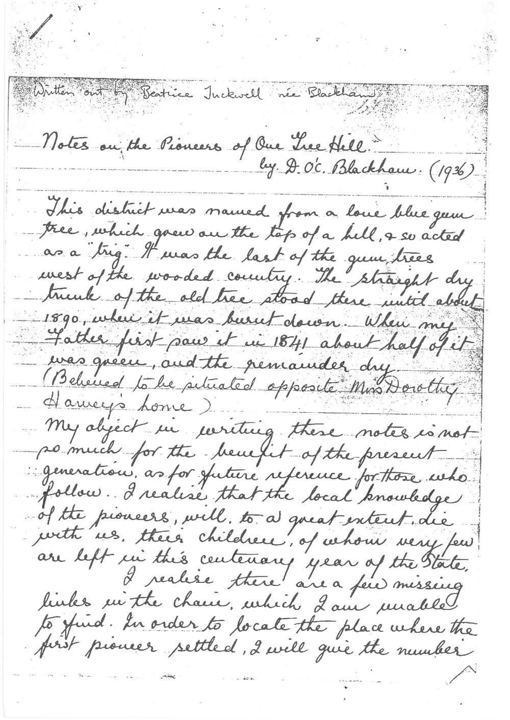 Notes on the Pioneers of One Tree Hill