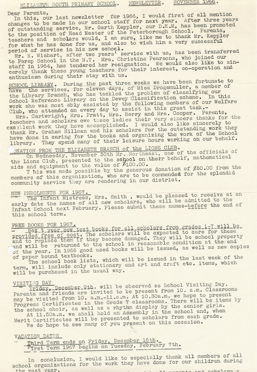 Elizabeth South Primary School newsletter