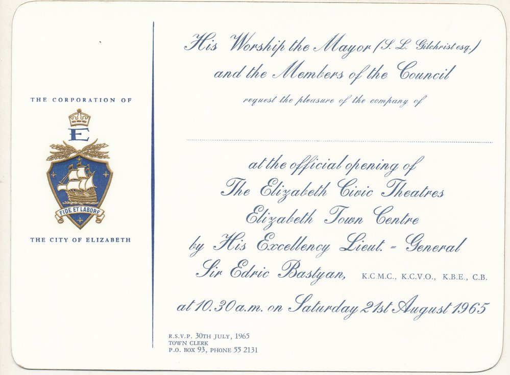 Invitation to the opening of the Elizabeth Civic Theatres