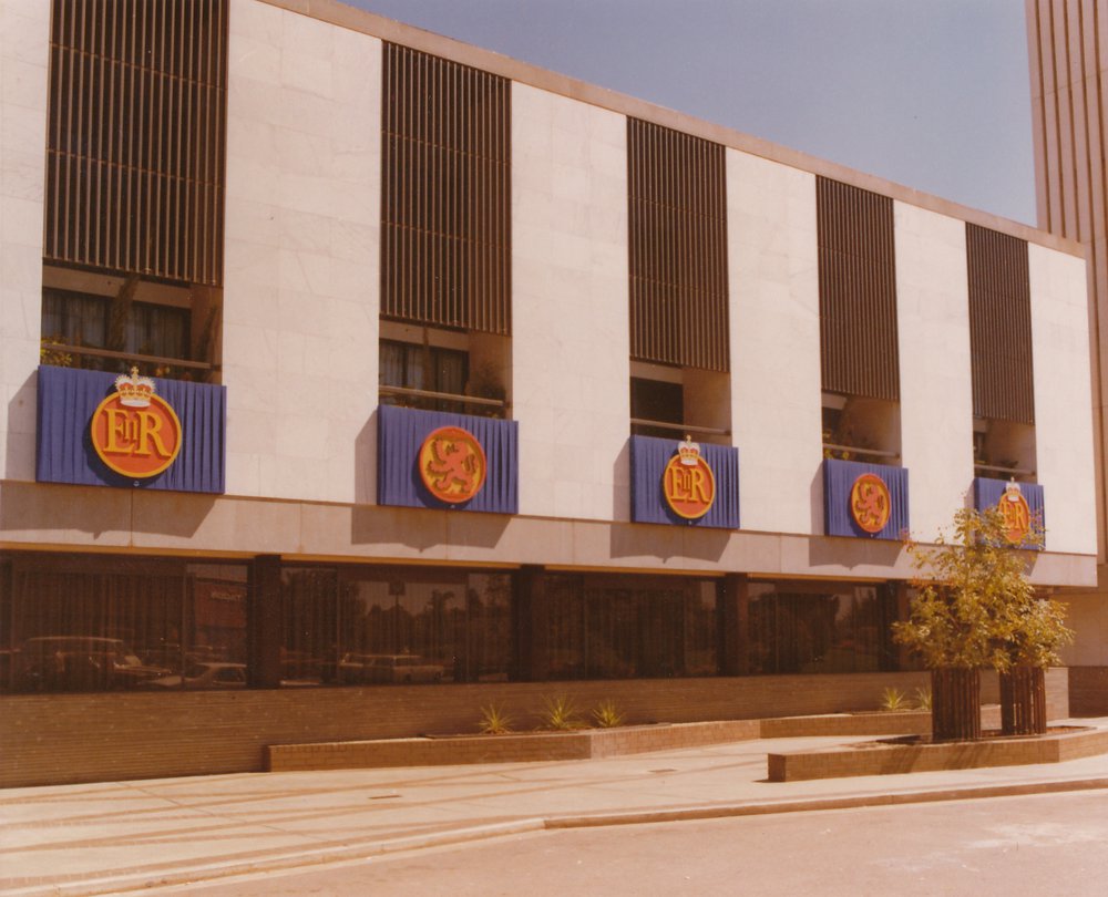 Windsor building decorated for the Royal Visit: 1977.