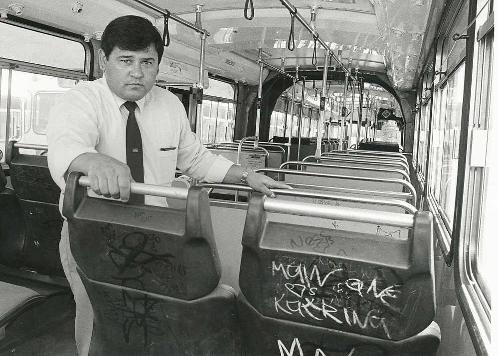 David Hope on a bus at Elizabeth Bus Depot