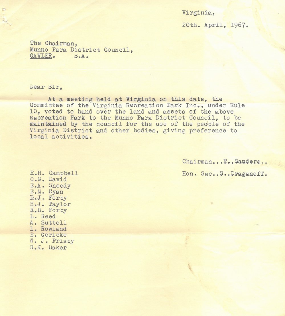 Virginia Recreation Park offer to Council