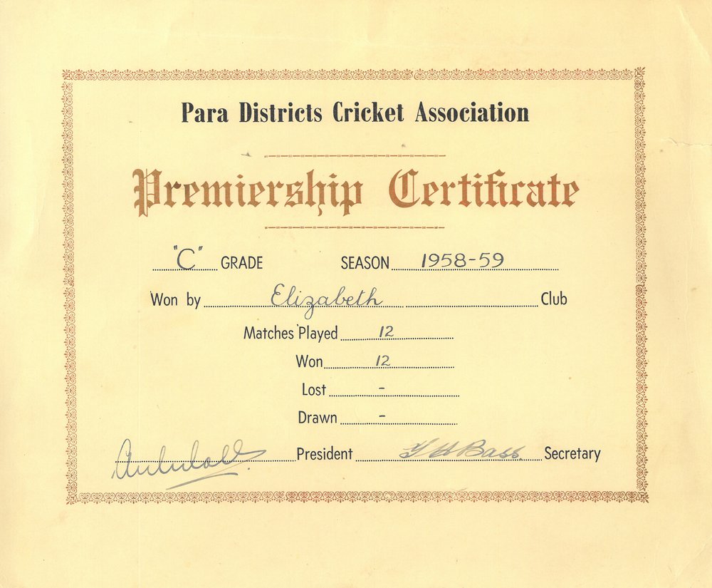 Para Districts Cricket Association Certificate