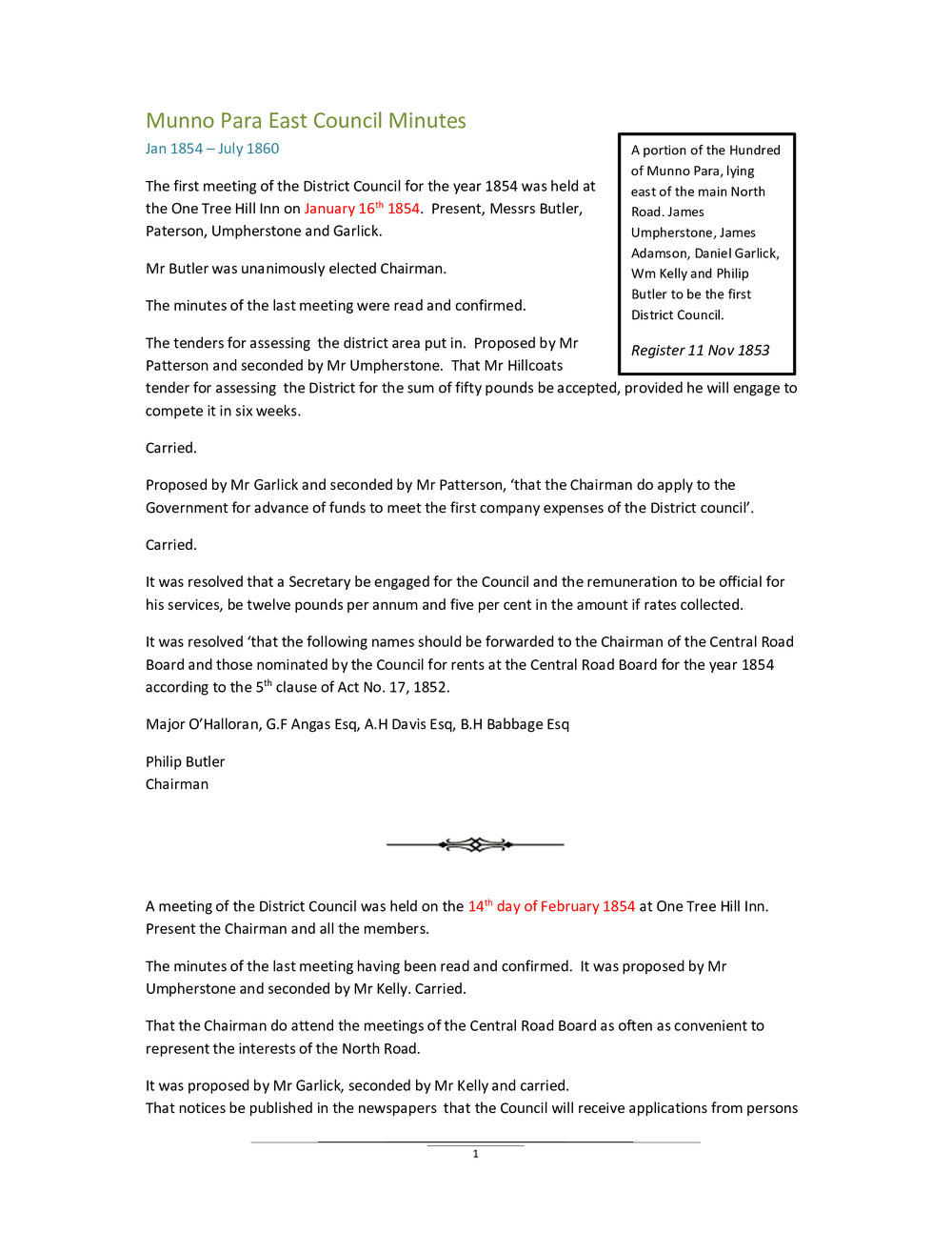 Munno Para East Council Minutes 1854