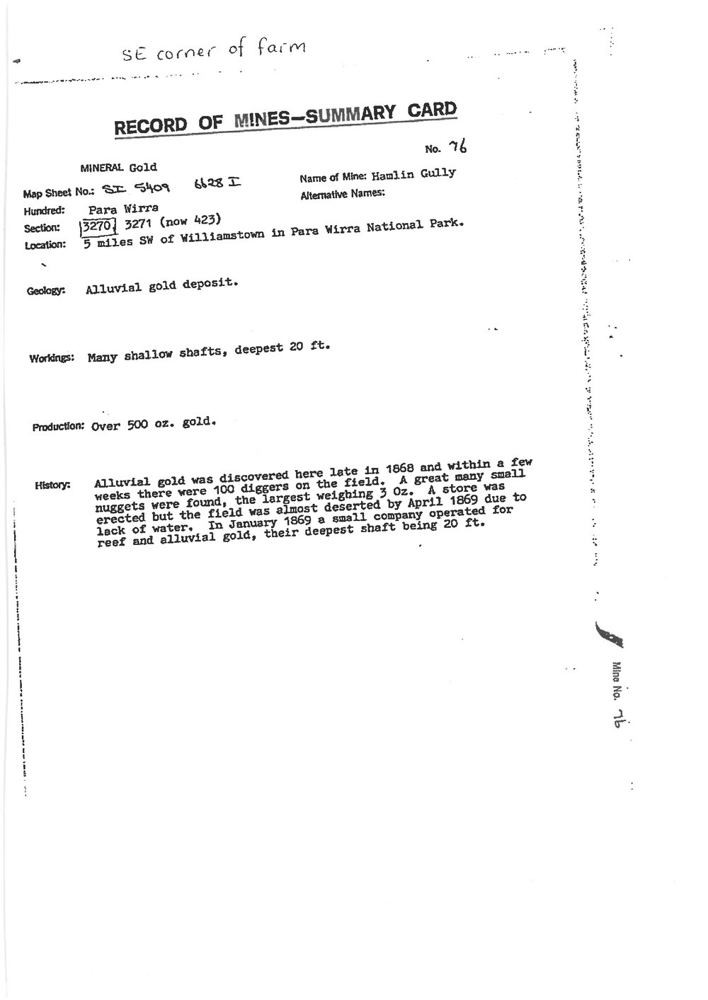 Hamlin Gully Mine Record of Summary