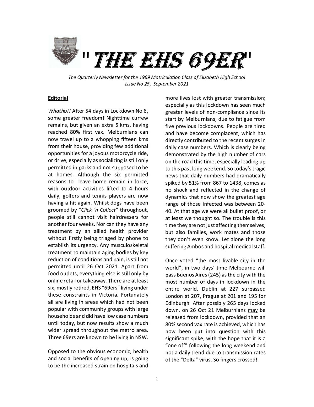 Matriculation Class of Elizabeth High School from 1969 Newsletter No.25