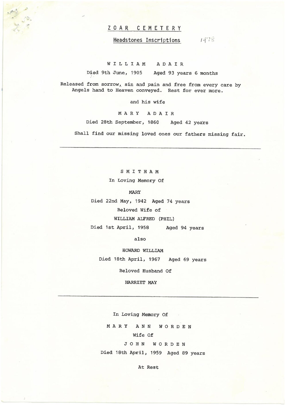 Zoar Cemetery Headstone Inscriptions