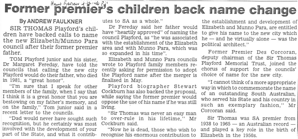 Playford's Children Approve of Council Name Change