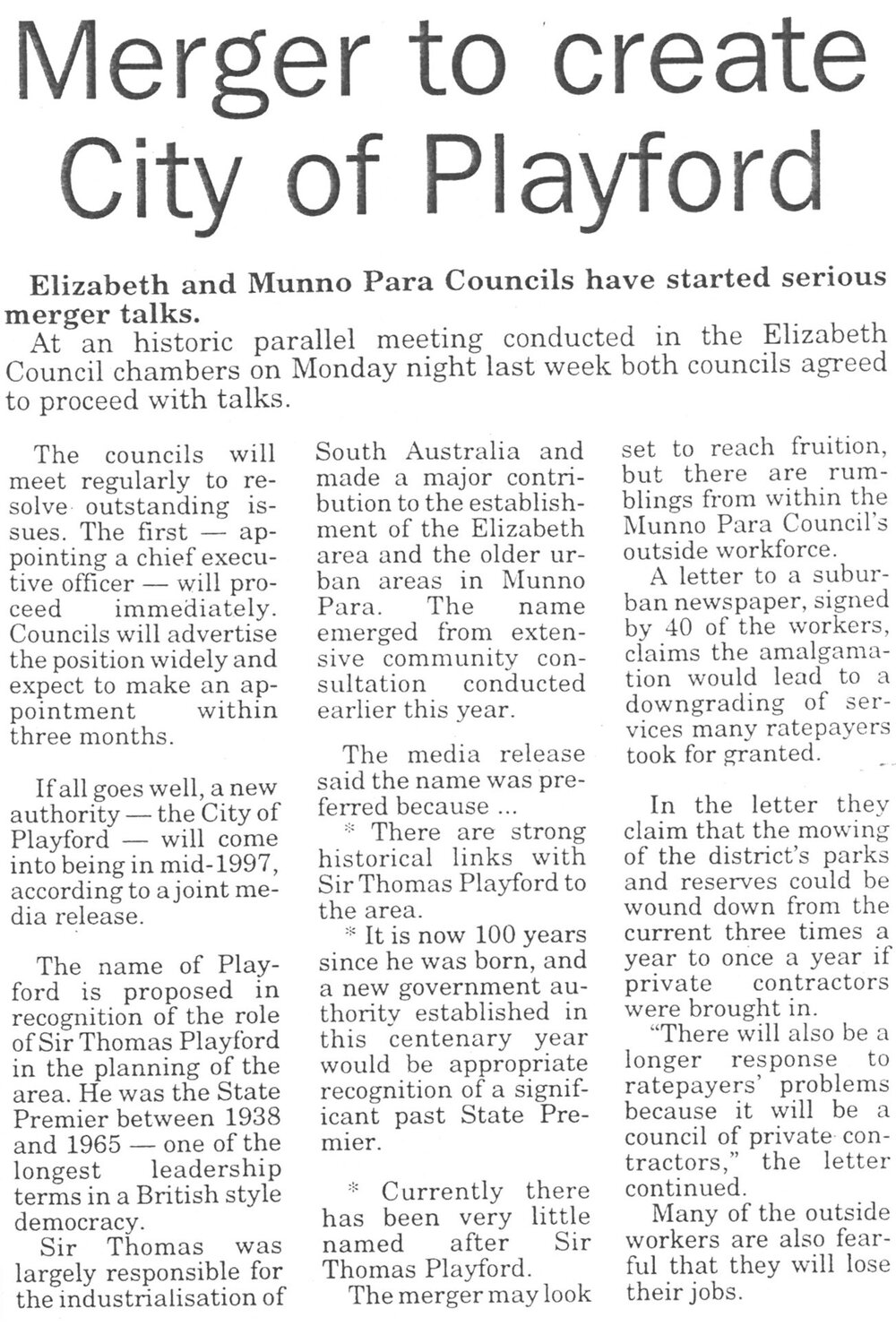 Merger to Create City of Playford