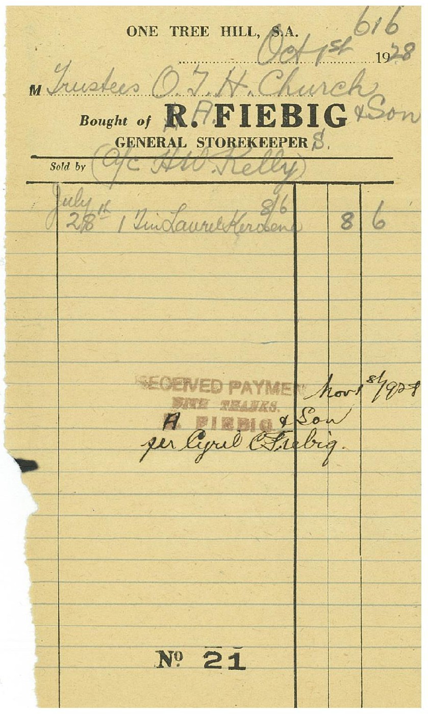 Receipt from Fiebig store at One Tree Hill